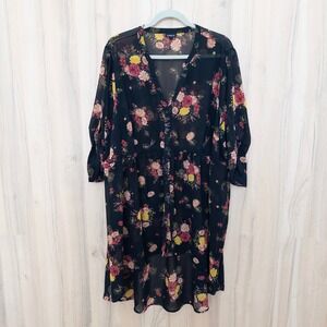 Torrid Womens Hi Lo Tunic Blouse Size 3X Black Floral‎ Boho Romantic Sheer Light